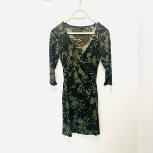 2/$20 - Elegant Black and Green Floral Crossover Midi Dress / opens at bottom